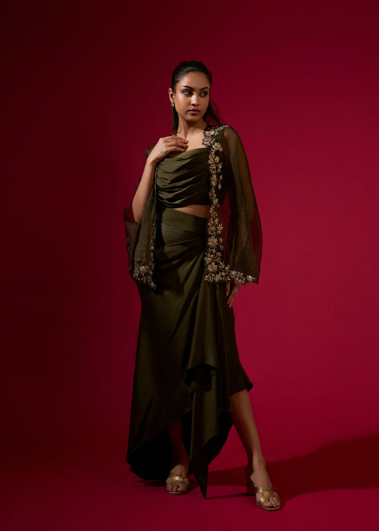 Cowl Blouse with Draped Skirt & Embroidered Cape - Army Green