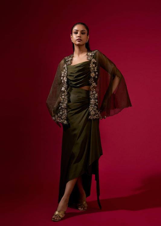 Cowl Blouse with Draped Skirt & Embroidered Cape - Army Green