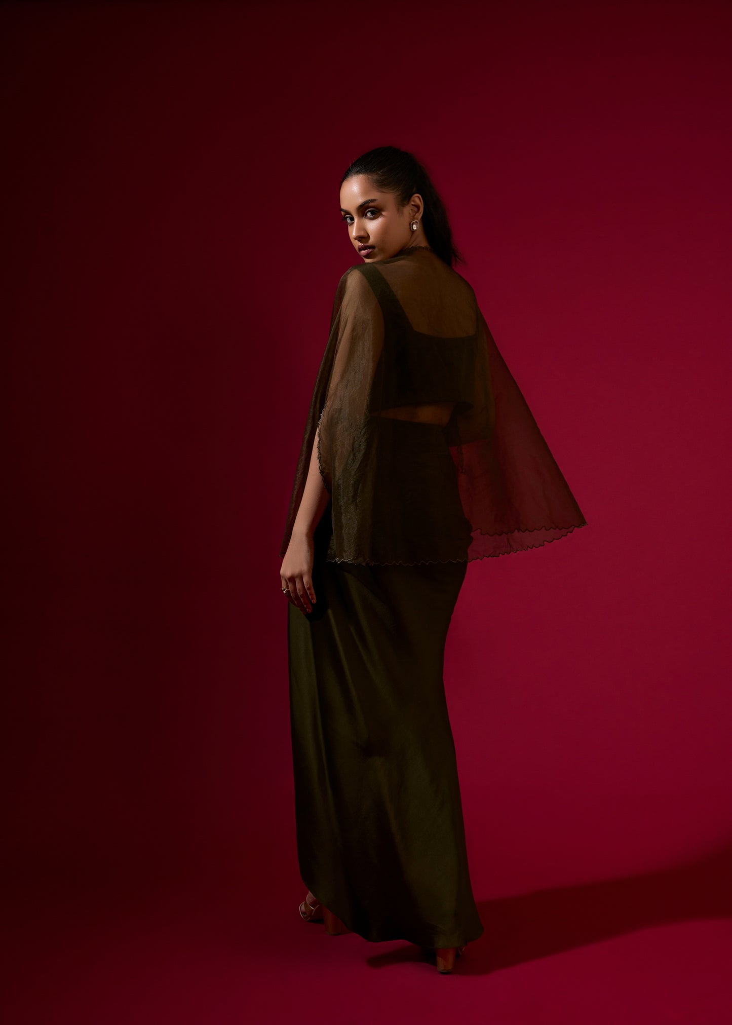 Cowl Blouse with Draped Skirt & Embroidered Cape - Army Green