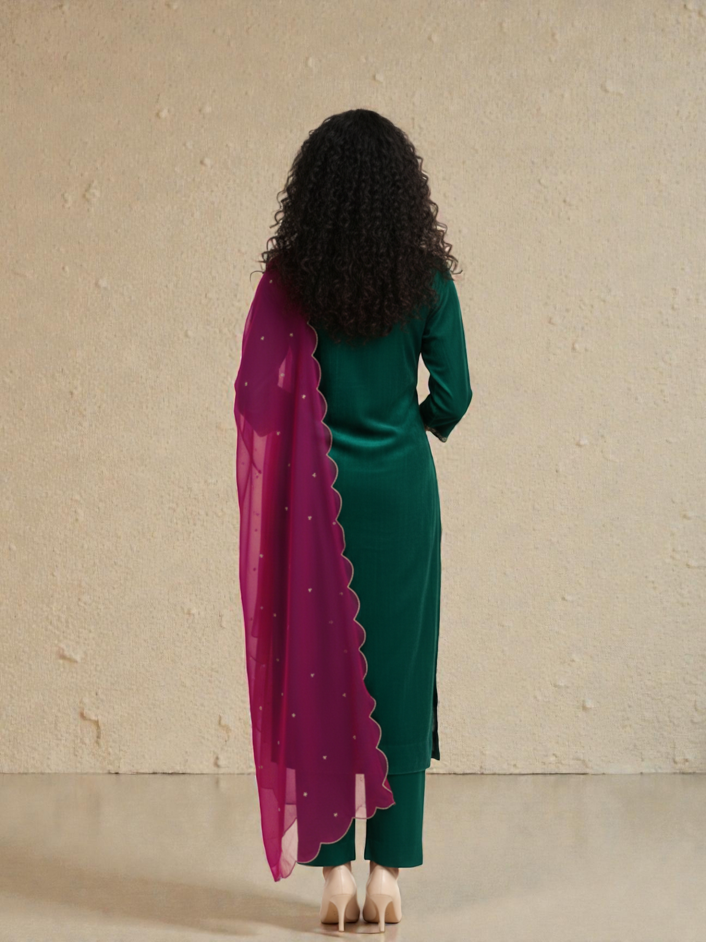 Woman wearing a green outfit with a pink dupatta against a beige background