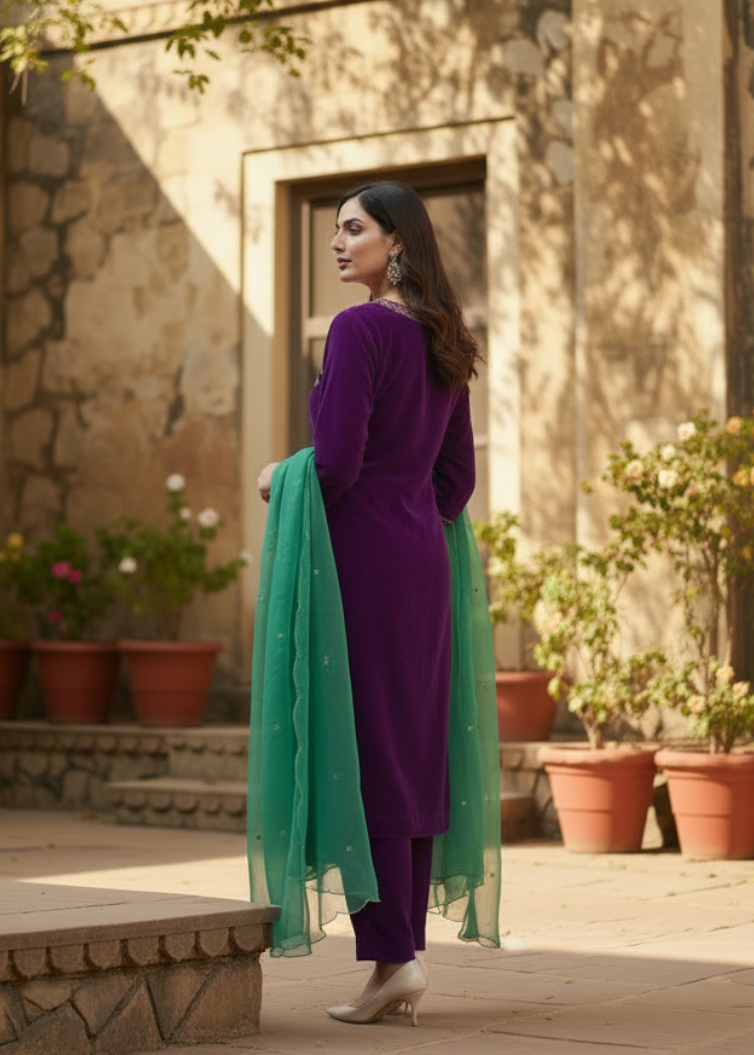 Woman in a purple outfit with a green dupatta standing in an outdoor setting with plants and a stone wall.