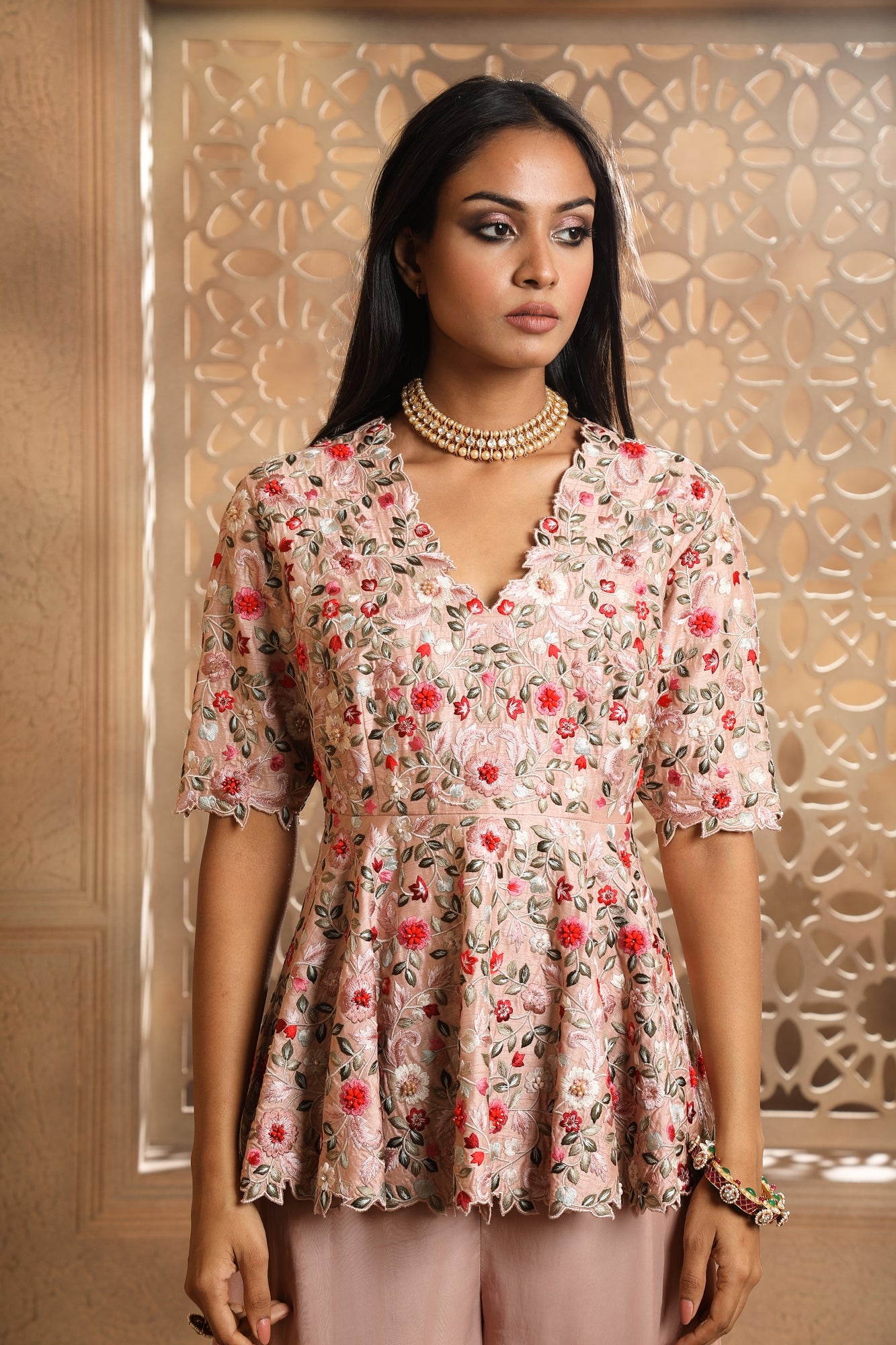 Multicolor Floral Embroidered peplum with an Organza Sharara.