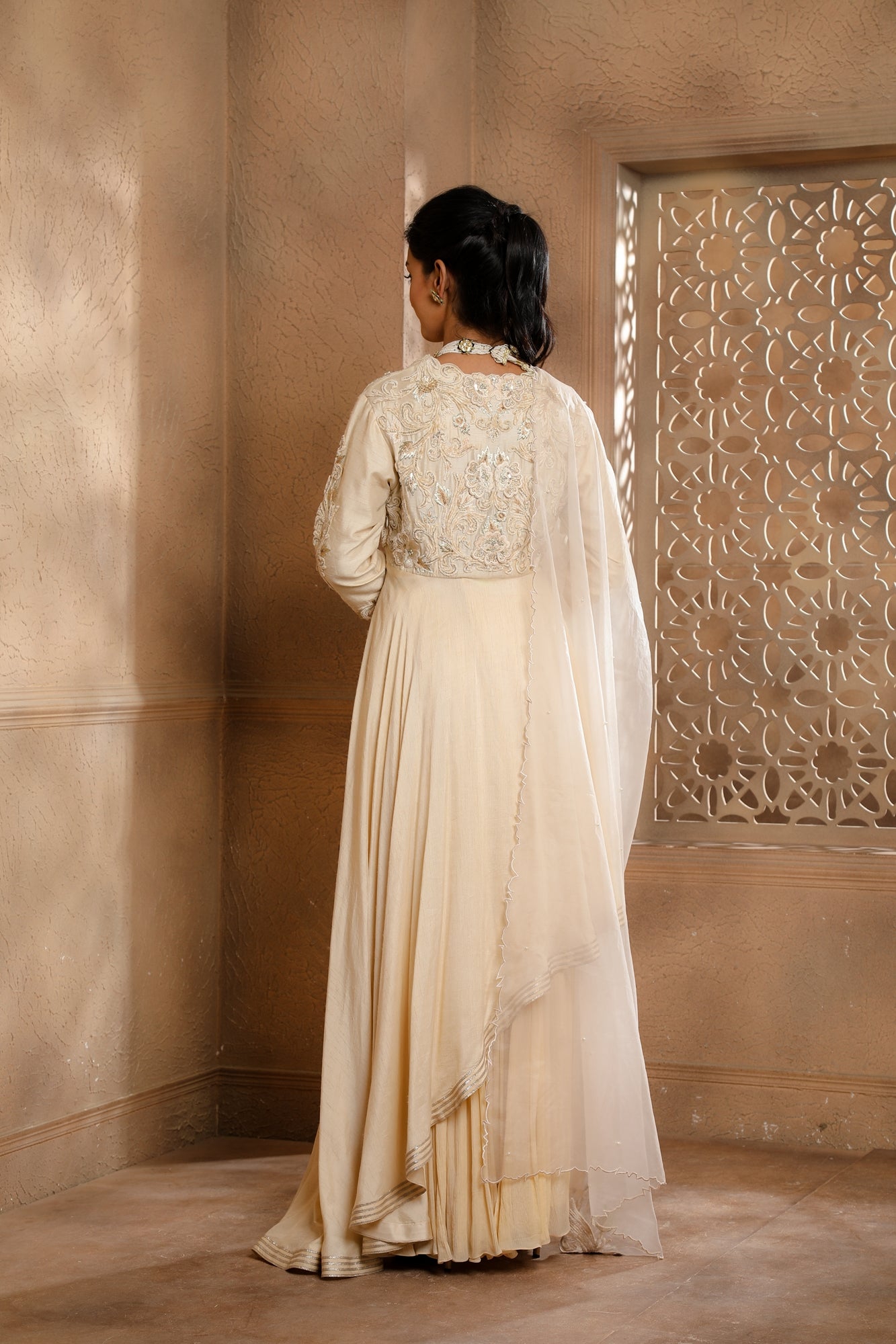 Ivory Asymmetrical Anarkali with Sharara