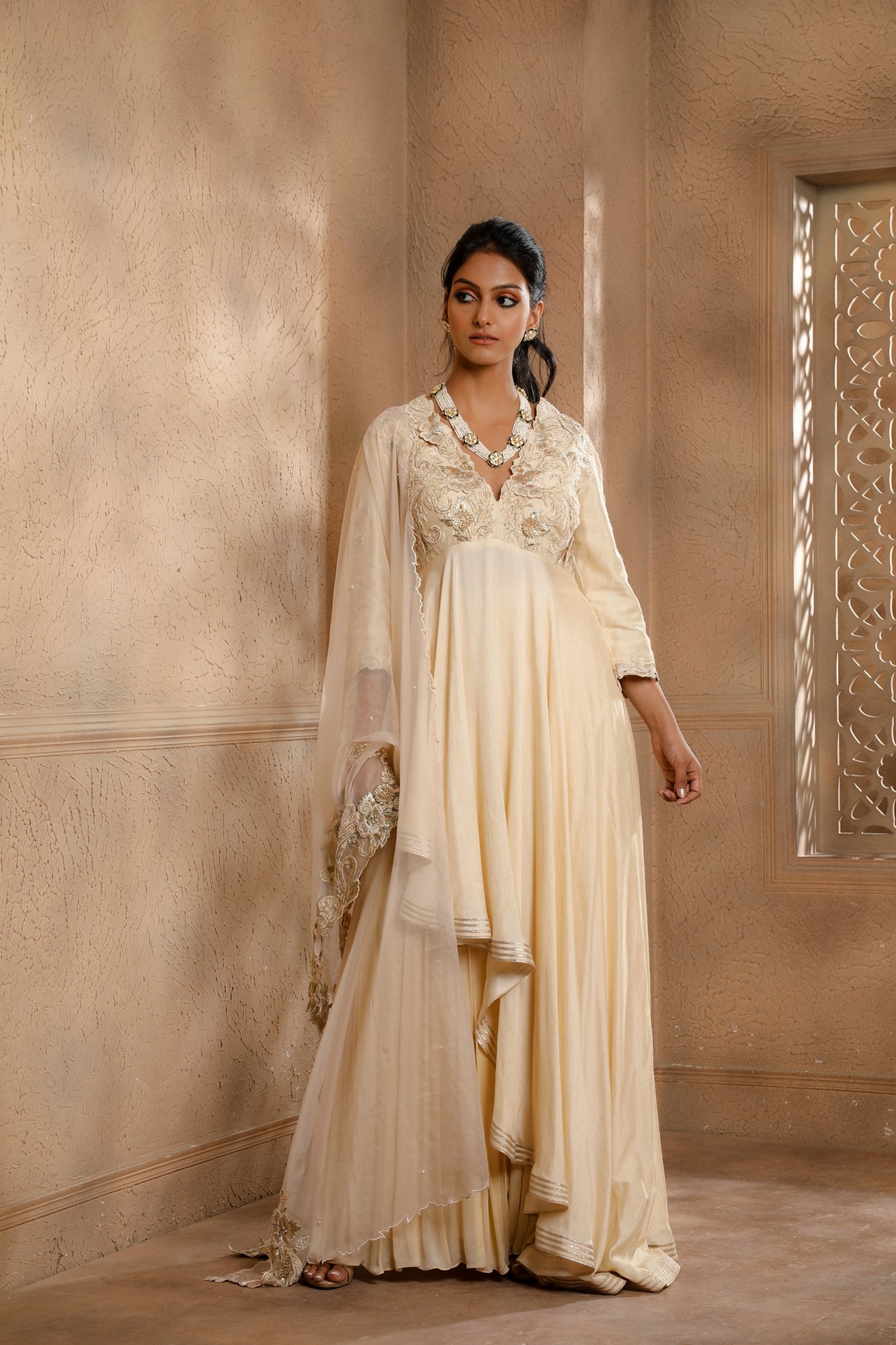 Ivory Asymmetrical Anarkali with Sharara