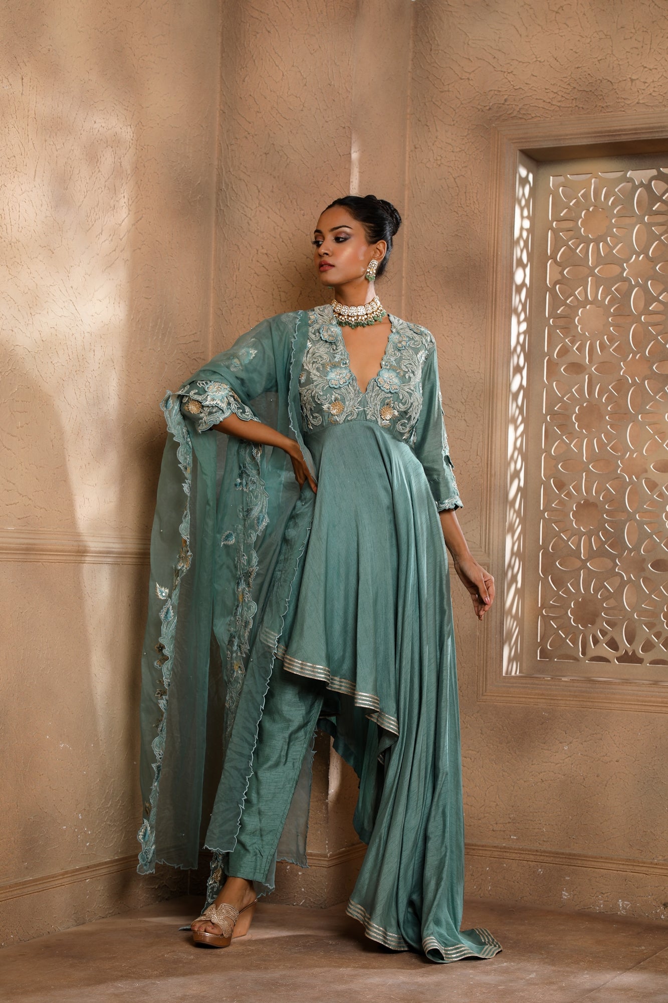 Teal Asymmetrical Anarkali with Trousers