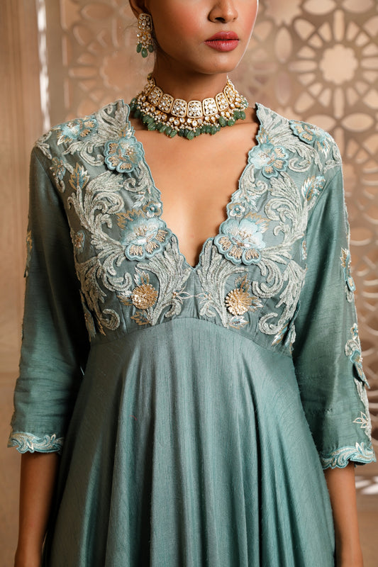 Teal Asymmetrical Anarkali with Trousers
