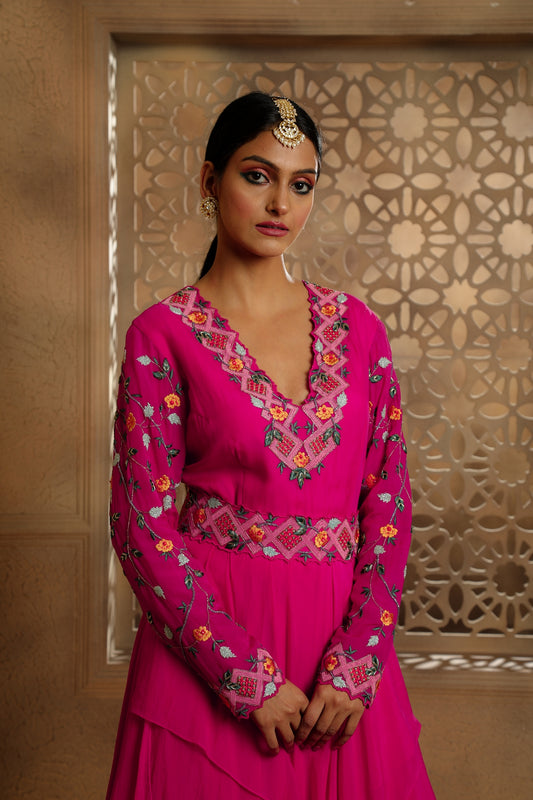 Fuchsia Draped Anarkali with Belt