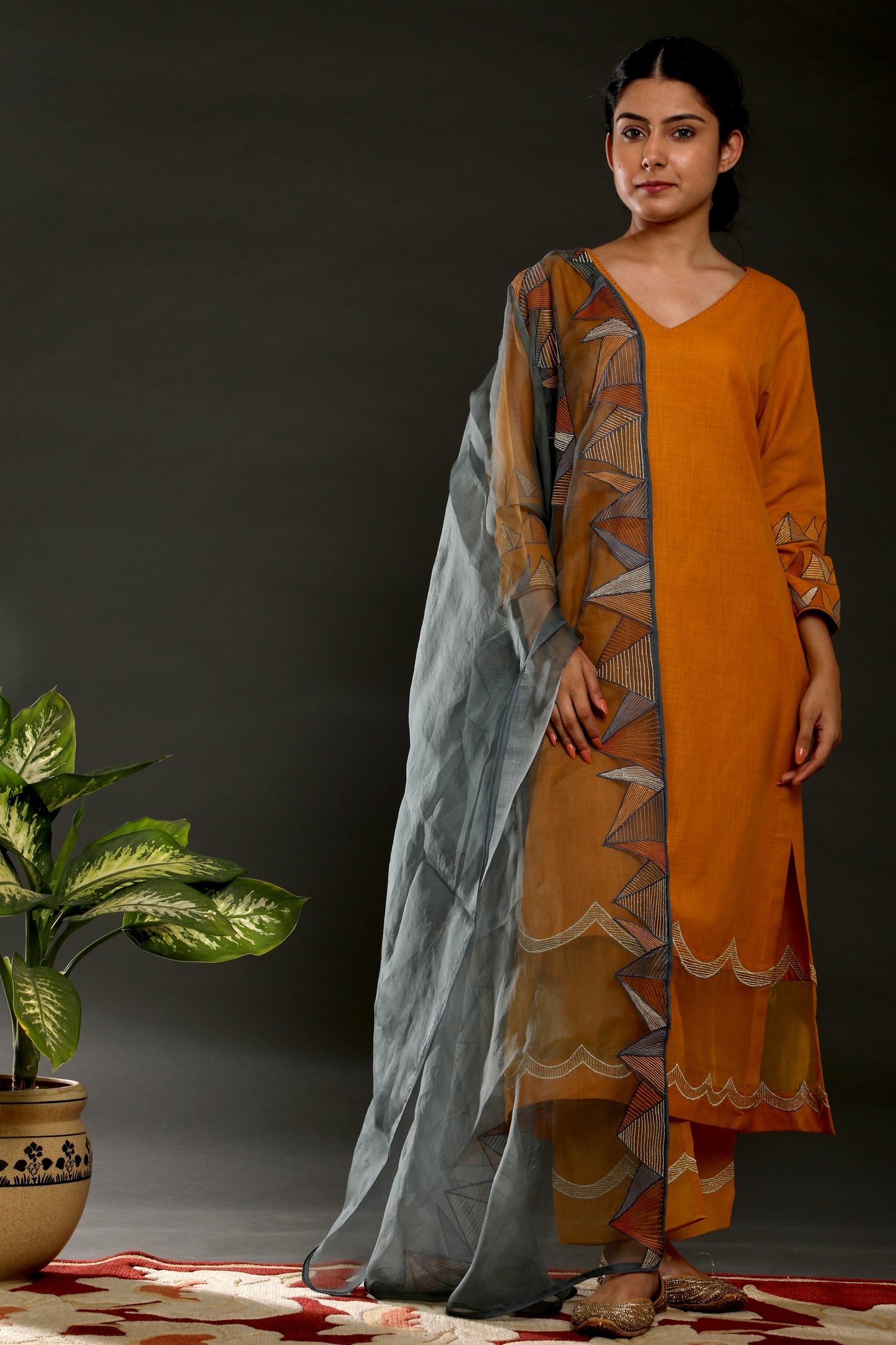 Mustard Pyramid Suit Set - Omana by Ranjana Bothra - Indian wear