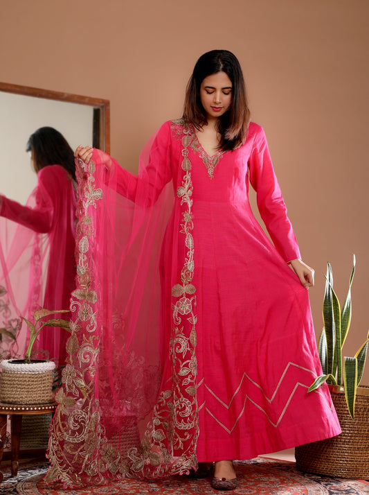 Pink Chanderi Anarkali Set - Indianwear - Omana by ranjana bothra