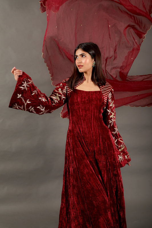 Burgundy Bella Sleeve Velvet Anarkali Set