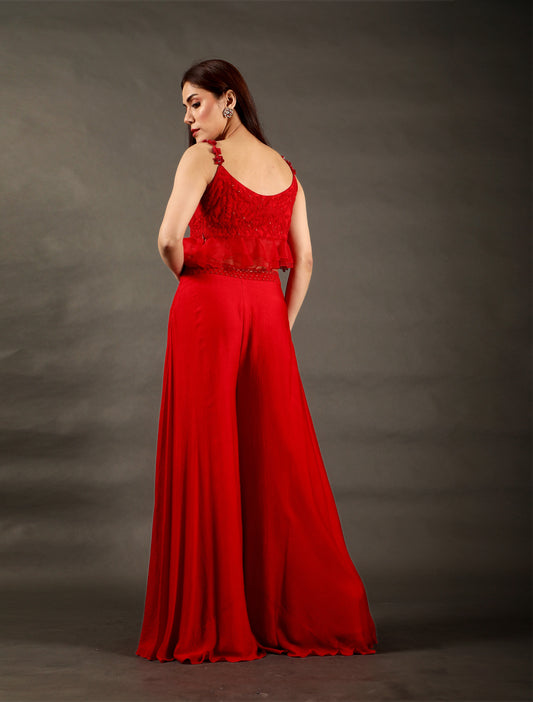 Red Peplum Ruffle Blouse Sharara Set