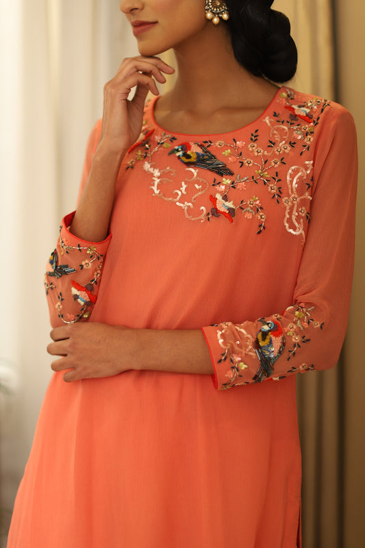 Coral Bird Emb Suit Set