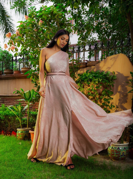 Rose Shimmer One Shoulder Gown