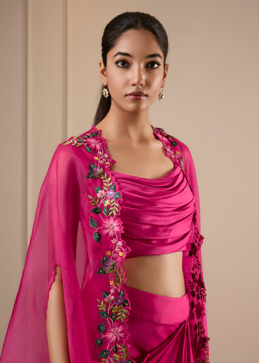 Cowl Blouse with Draped Skirt & Embroidered Cape - Hot Pink