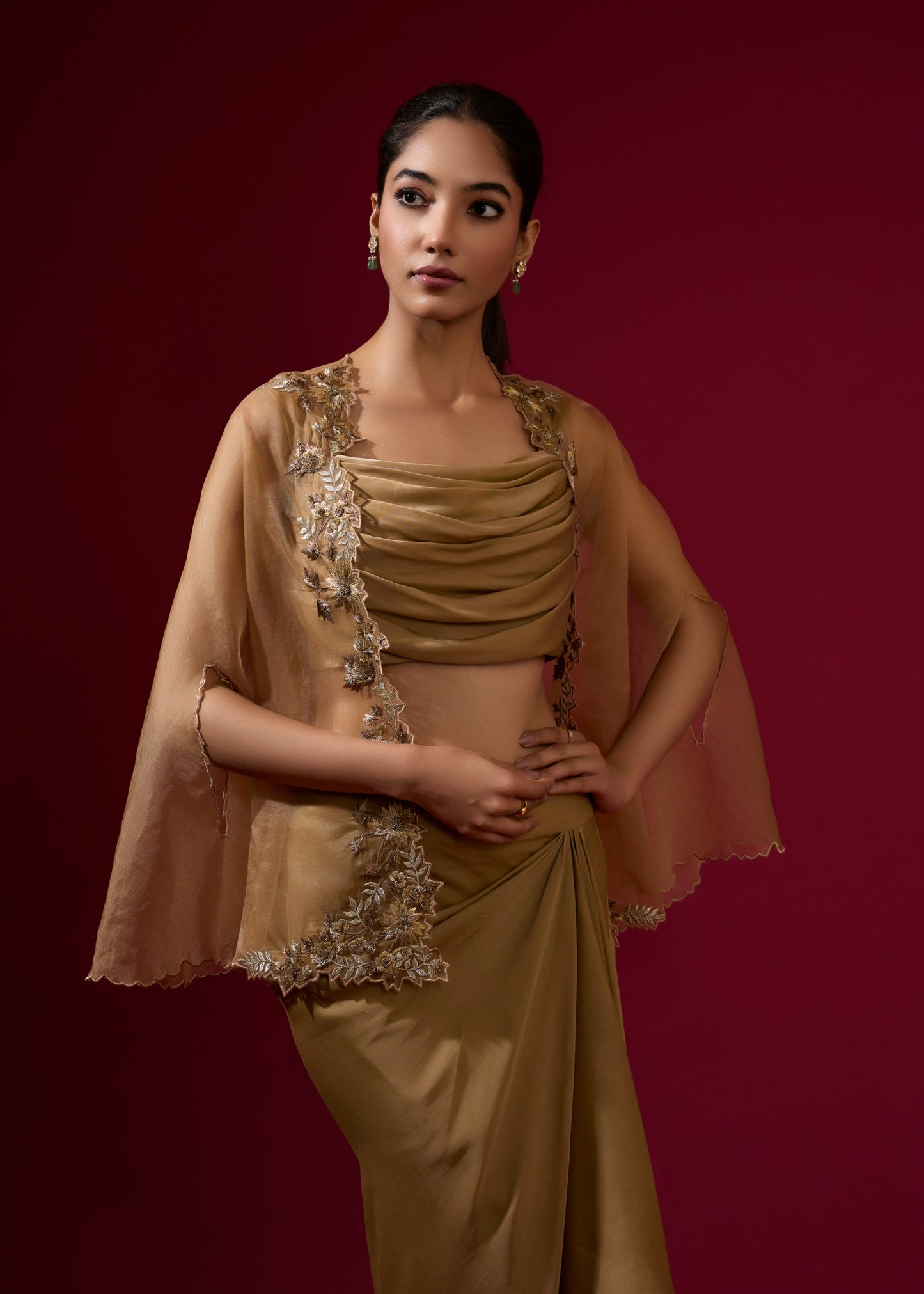 Cowl Blouse with Draped Skirt & Embroidered Cape - Gold