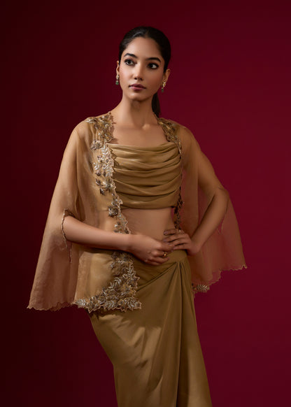 Cowl Blouse with Draped Skirt & Embroidered Cape - Gold