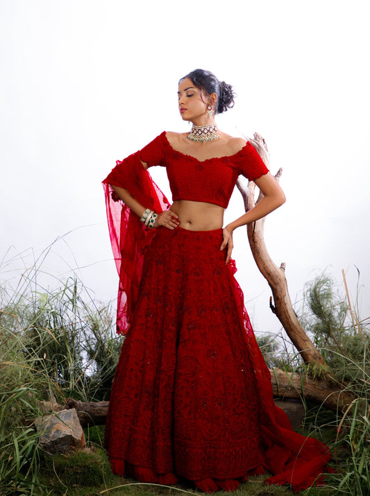Our Crimson Royale Embroidered Red Lehenga Set, a breathtaking ensemble that seamlessly blends tradition with contemporary elegance