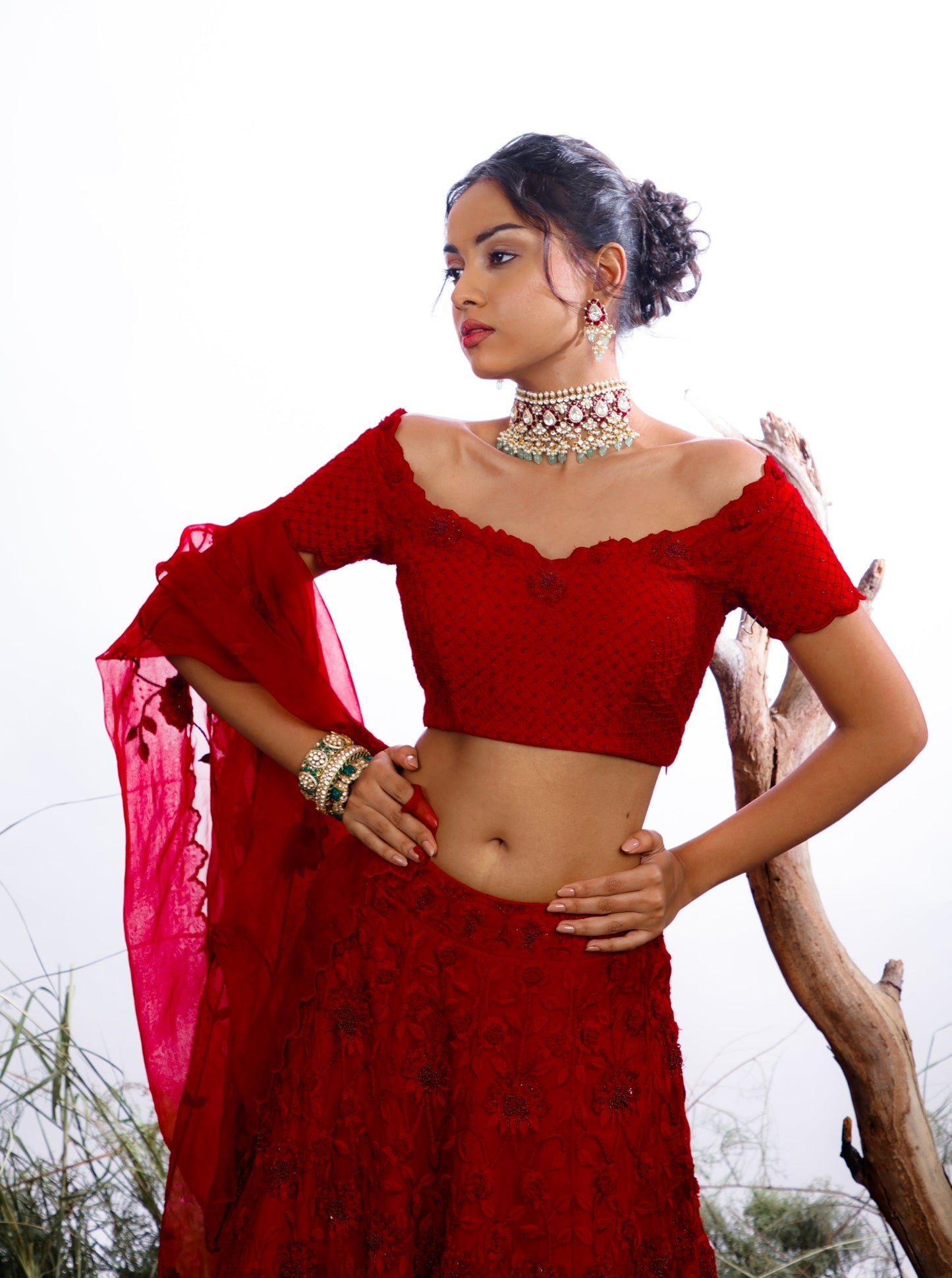 Our Crimson Royale Embroidered Red Lehenga Set, a breathtaking ensemble that seamlessly blends tradition with contemporary elegance