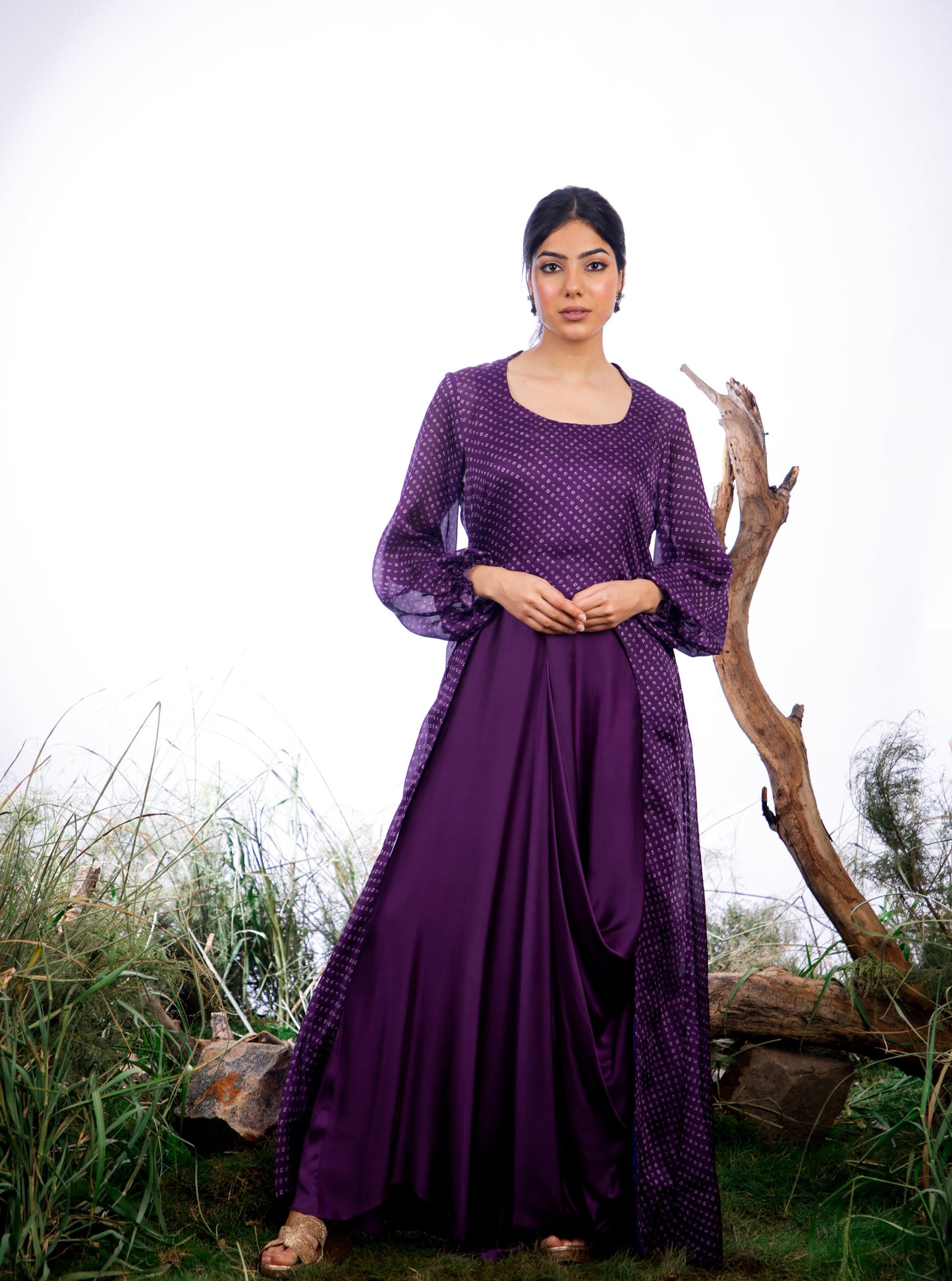 Purple Bandhani Cape with Cowl Dress