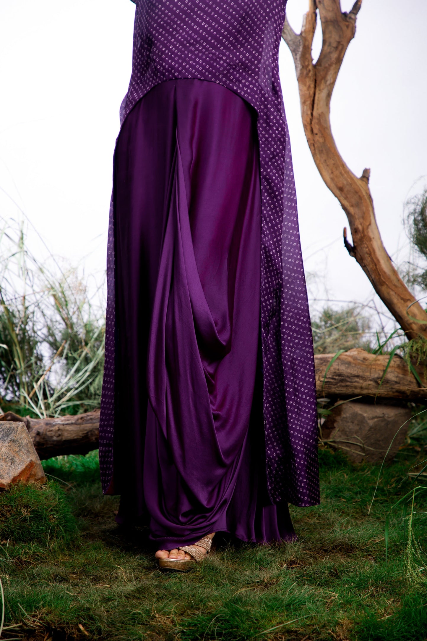 Purple Bandhani Cape with Cowl Dress