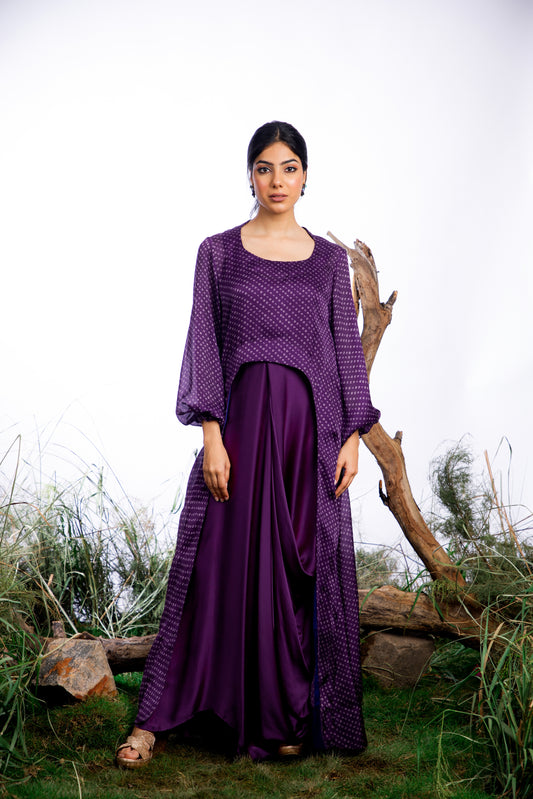 Purple Bandhani Cape with Cowl Dress
