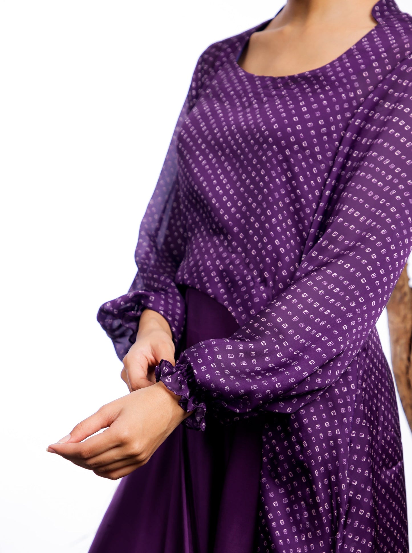 Purple Bandhani Cape with Cowl Dress