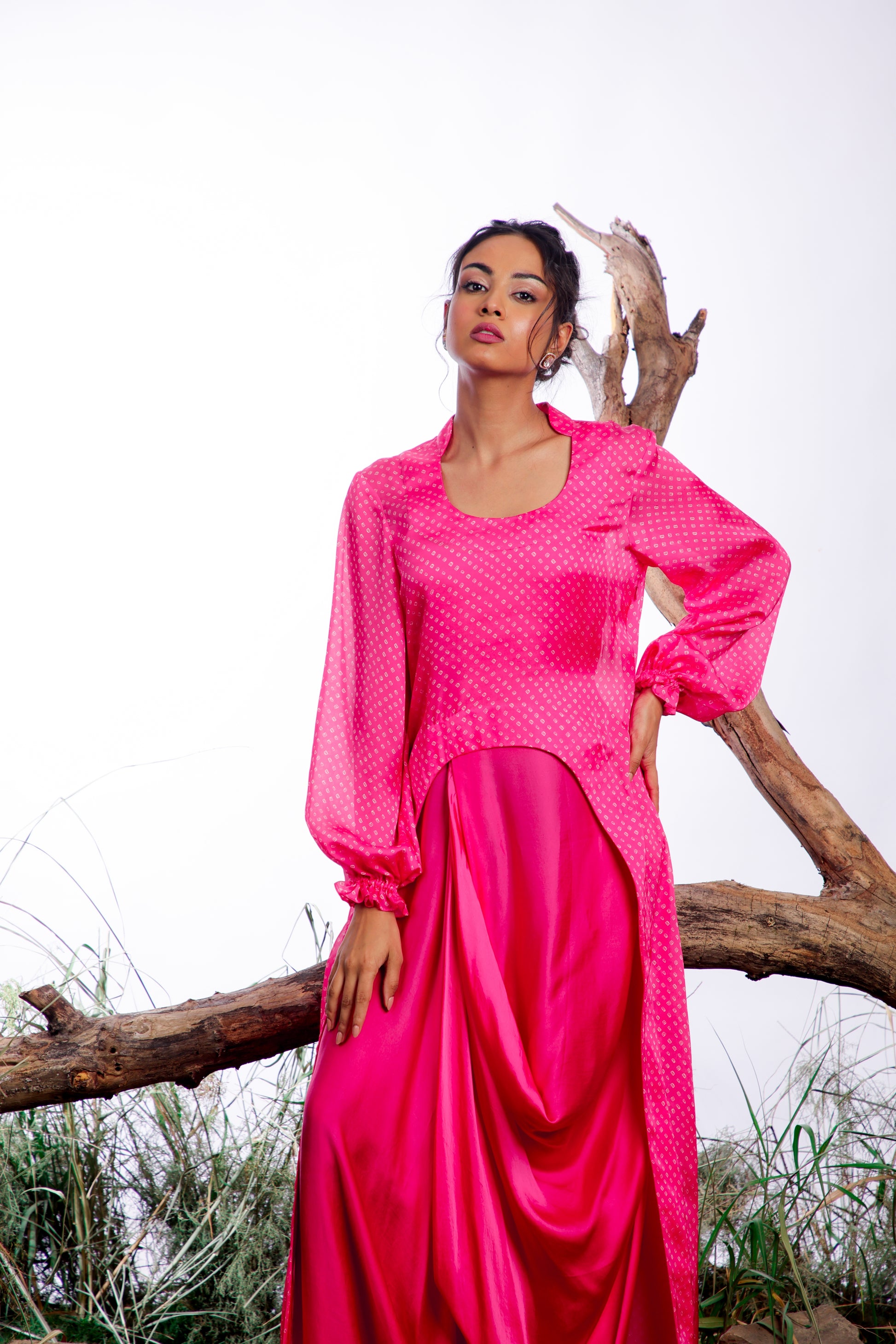 Pink Bandhani Cape with Cowl Dress