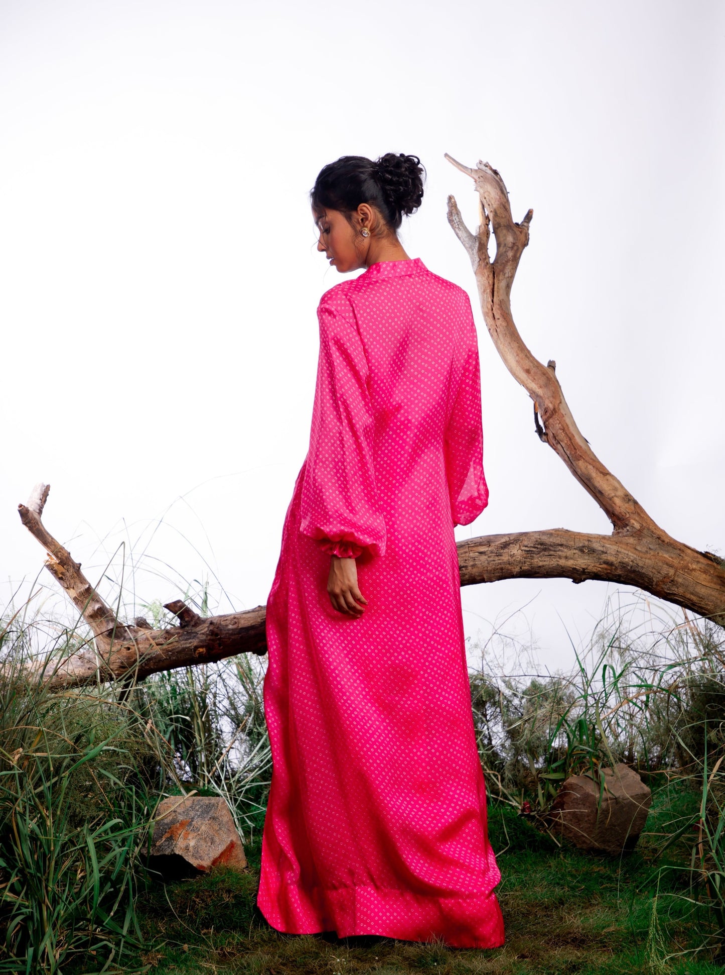 Pink Bandhani Cape with Cowl Dress