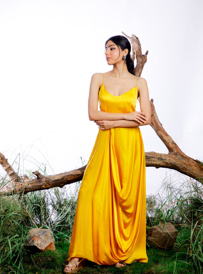 Yellow Bandhani Cape with Cowl Dress