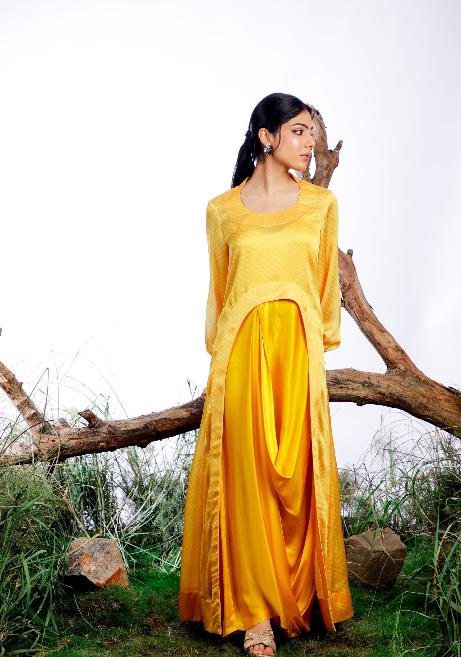 Yellow Bandhani Cape with Cowl Dress