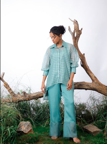 Organza shirt with applique embroidery inner and pants