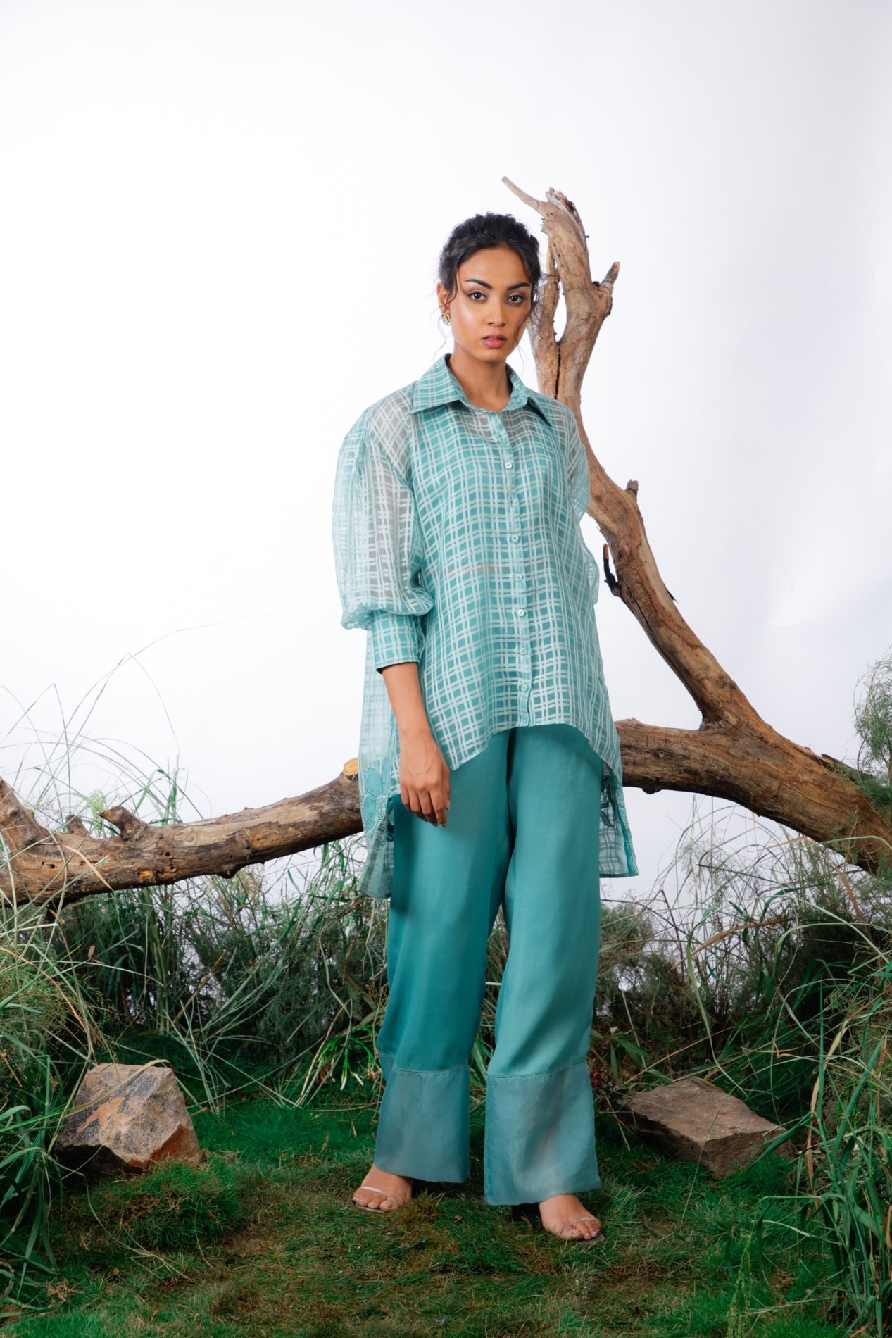 Organza shirt with applique embroidery inner and pants