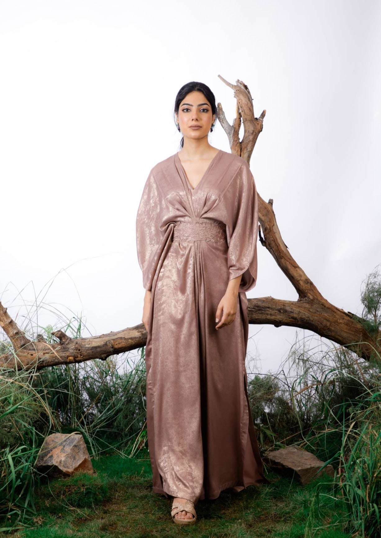 Bronze Kaftan with Belt, formal wear, pret collection by Omana
