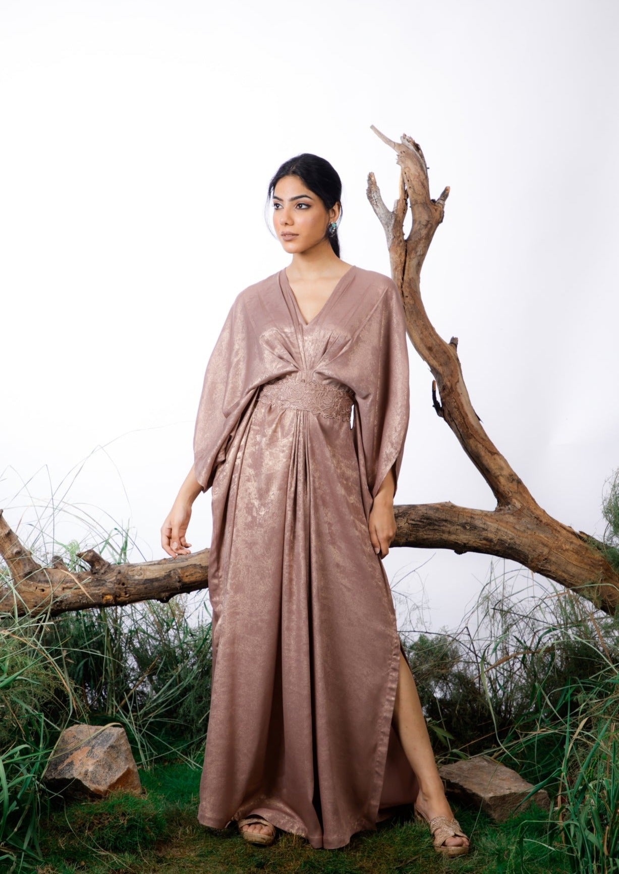 Bronze Kaftan with Belt, formal wear, pret collection by Omana