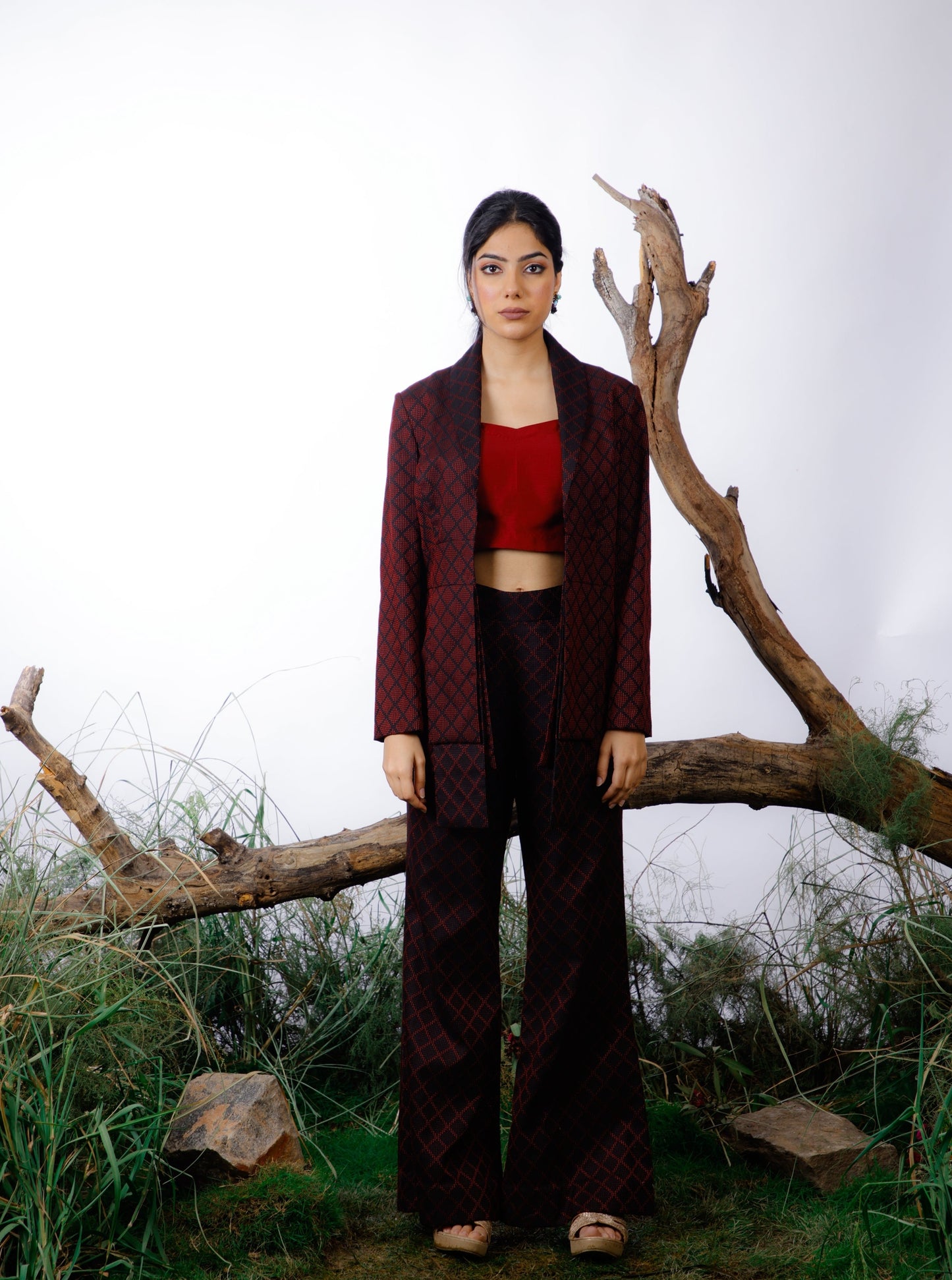 Dobby Kantha embroidered Jacket and Trouser set with a complementary contrast crop top. 