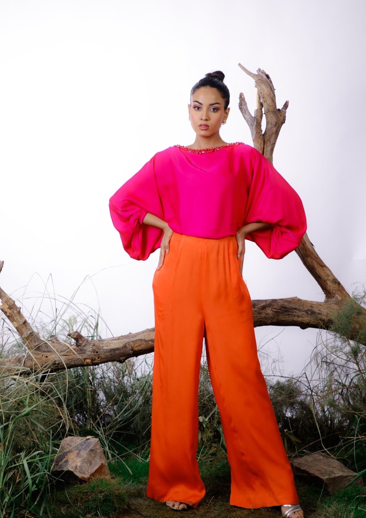 Orange & Hot Pink Color-Block Pearl Beaded Jumpsuit. Pret Collection by omana by ranjana bothra