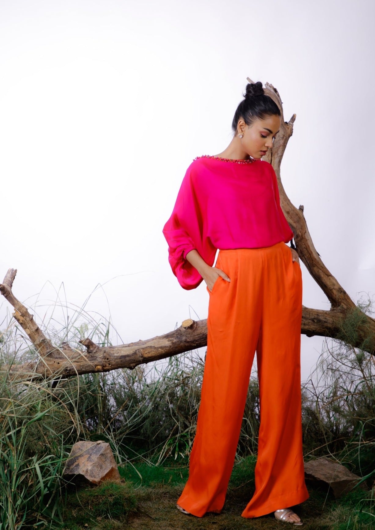 Orange & Hot Pink Color-Block Pearl Beaded Jumpsuit. Pret Collection by omana by ranjana bothra