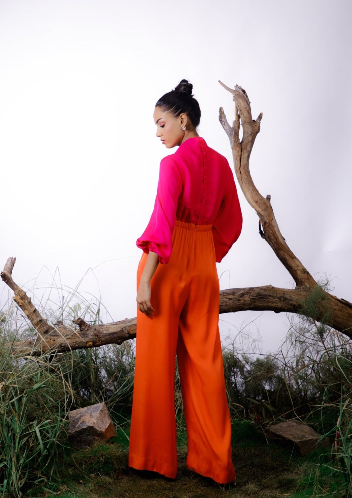 Orange & Hot Pink Color-Block Pearl Beaded Jumpsuit. Pret Collection by omana by ranjana bothra