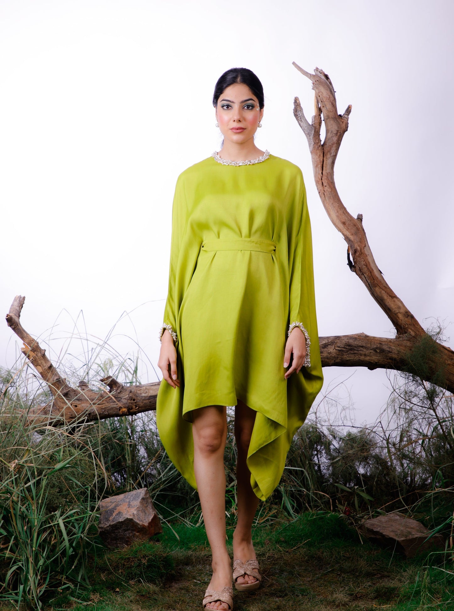 kaftan style embroidered dress with belt