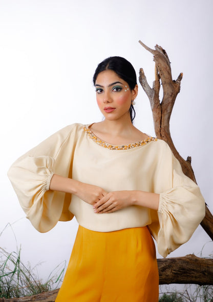 Ivory & Mustard Color-Block Pearl Beaded Jumpsuit. Pret Collection by omana by ranjana bothra