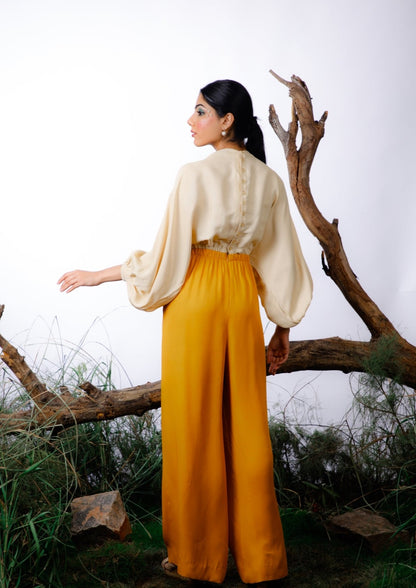 Ivory & Mustard Color-Block Pearl Beaded Jumpsuit. Pret Collection by omana by ranjana bothra
