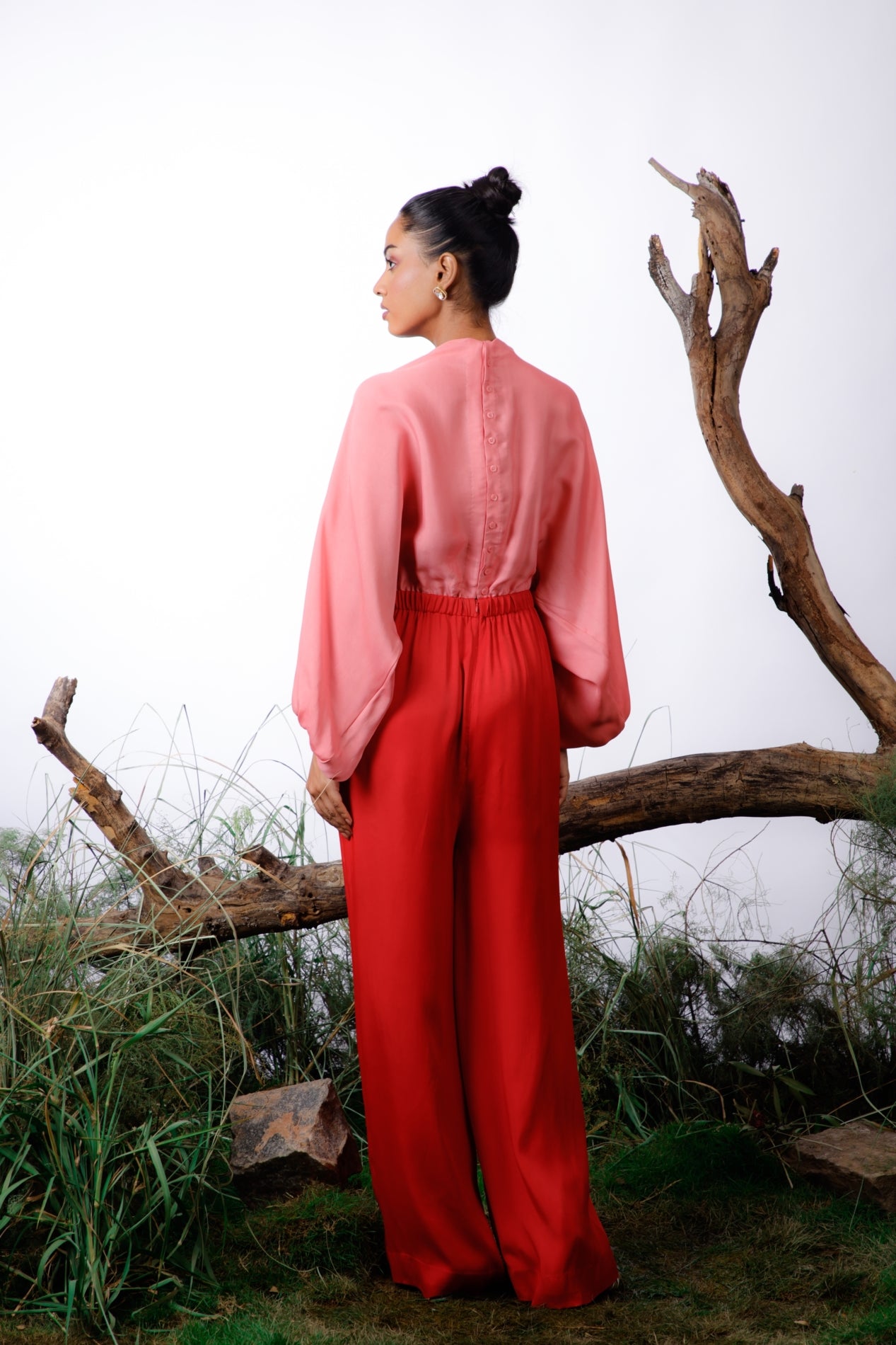Pink & Red Color-Block Pearl Beaded Jumpsuit. Pret Collection by omana by ranjana bothra