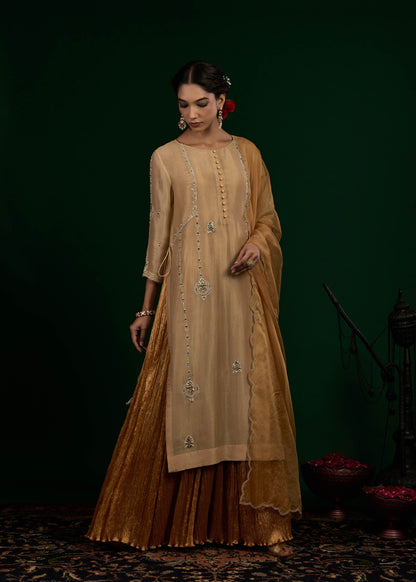 Chand Kurta with Crush Maxi Set - Beige & Gold