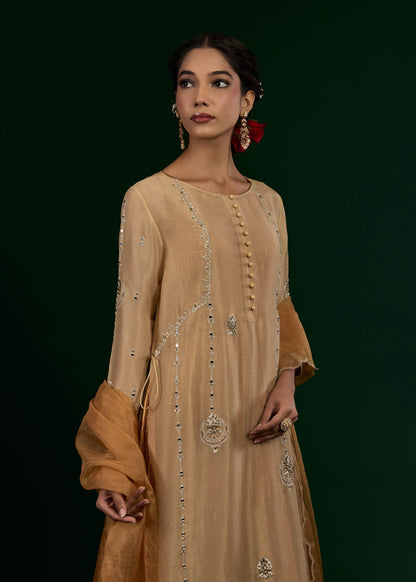 Chand Kurta with Crush Maxi Set - Beige & Gold