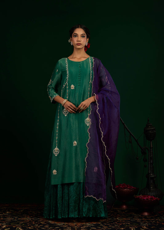 Chand Kurta with Crush Maxi Set - Green