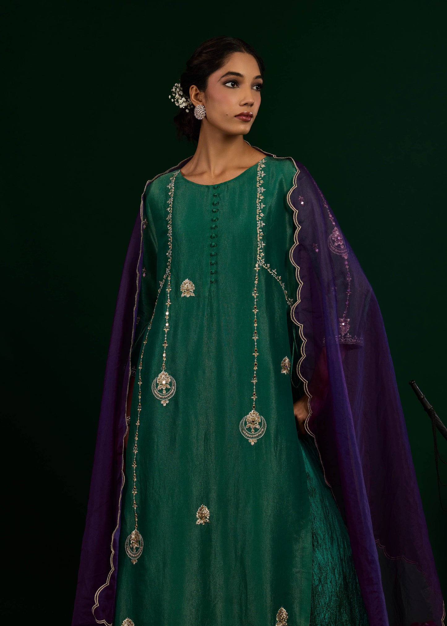 Chand Kurta with Crush Maxi Set - Green