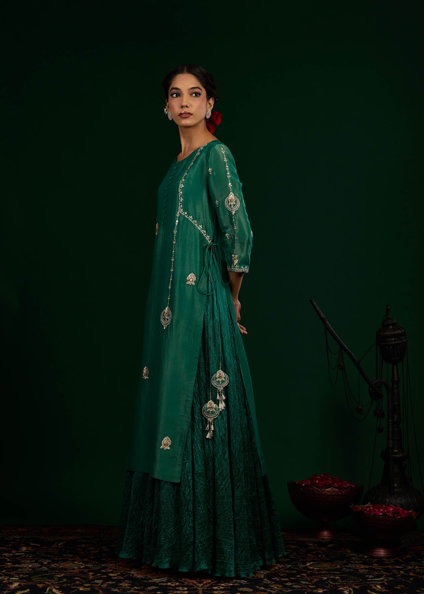 Chand Kurta with Crush Maxi Set - Green