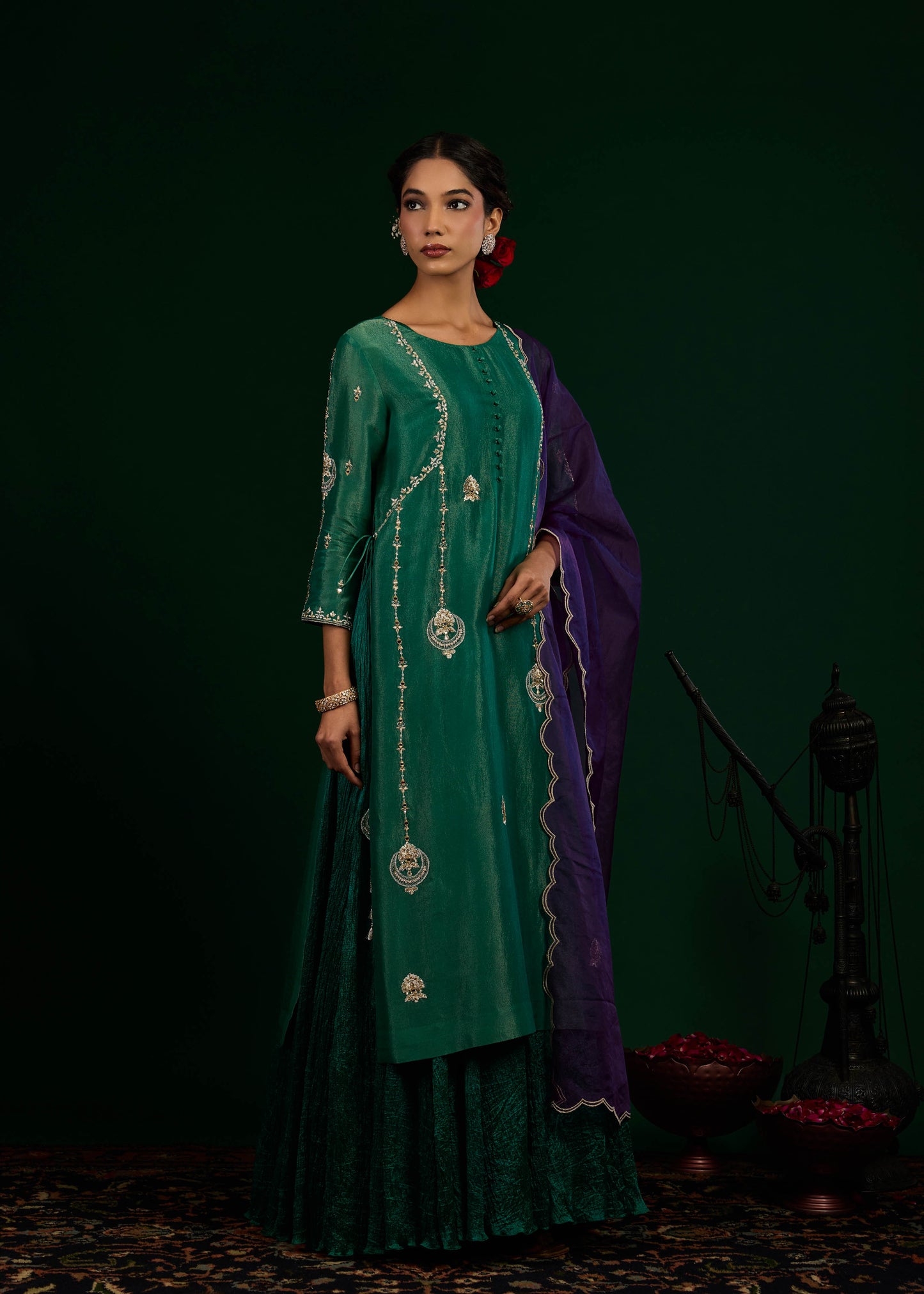 Chand Kurta with Crush Maxi Set - Green