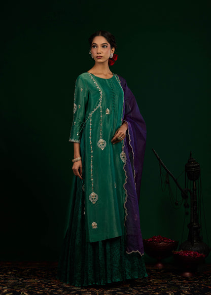 Chand Kurta with Crush Maxi Set - Green