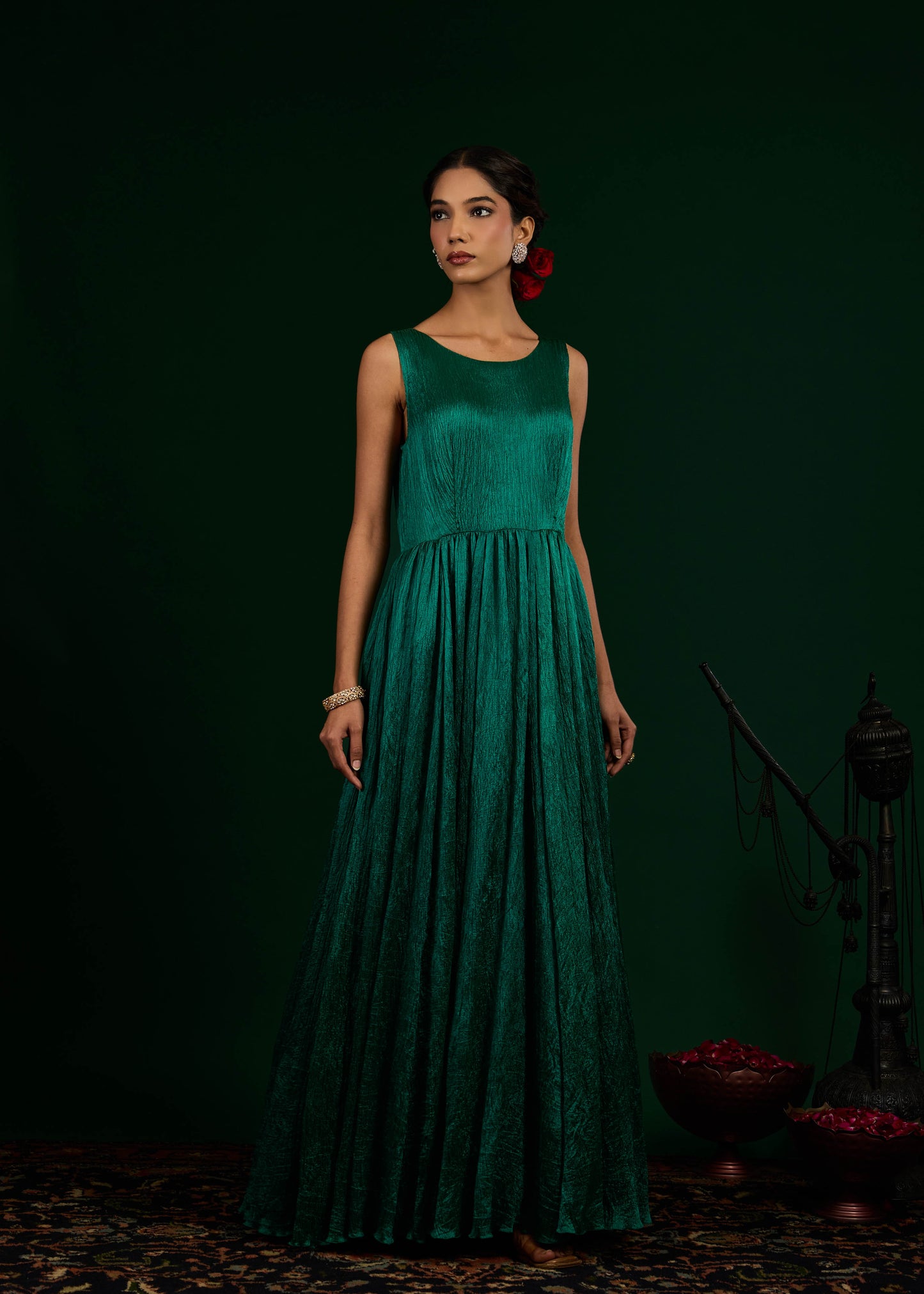 Chand Kurta with Crush Maxi Set - Green